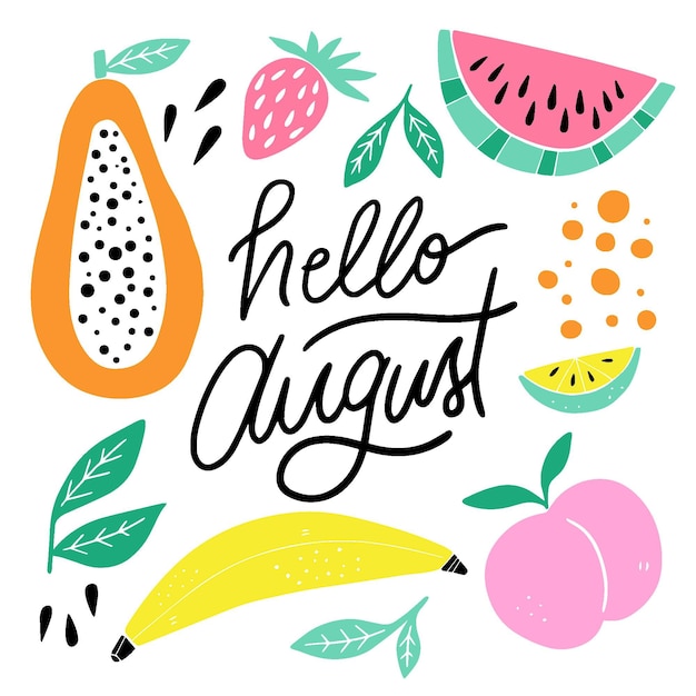 Vector gratuito letras de agosto dibujadas a mano con frutas