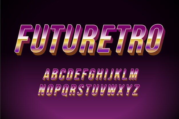 Letras del alfabeto y palabras "futuro retro" efecto retro 3d