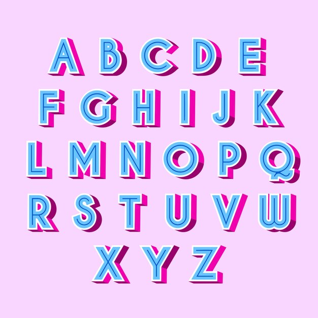 Letras azules del alfabeto retro 3D con sombras rosadas