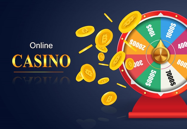 Vector gratuito letras de casino en línea, rueda de la fortuna, volando monedas de oro. publicidad de negocios de casino