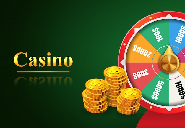 Letras de casino, rueda de la fortuna con premios de dinero, apuestas y pilas de monedas de oro.