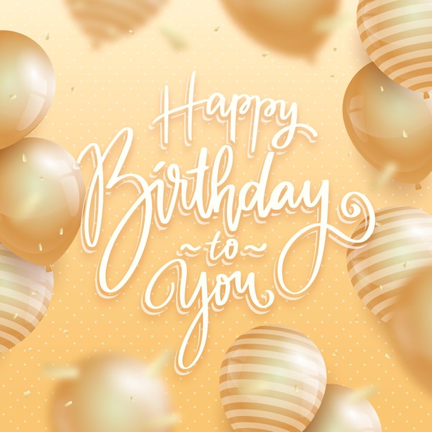 Letras de cumpleaños dibujadas a mano con globos dorados realistas