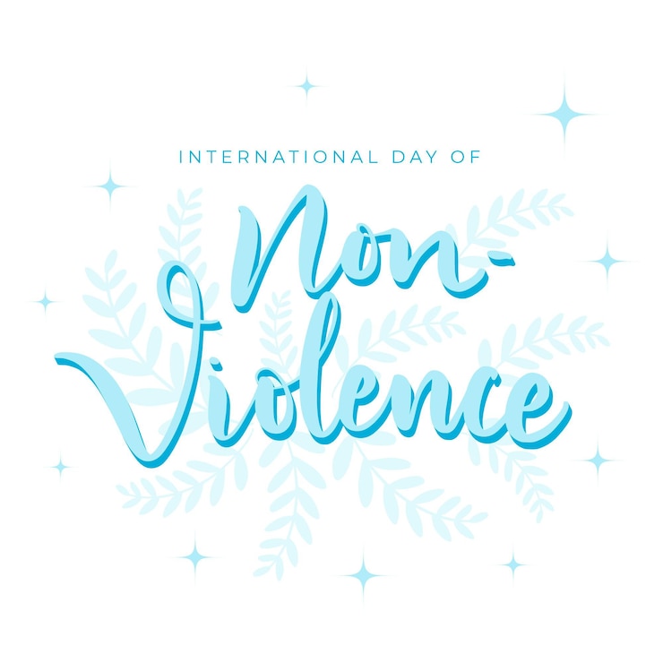 Vector gratuito letras del día internacional de la no violencia con hojas y destellos.