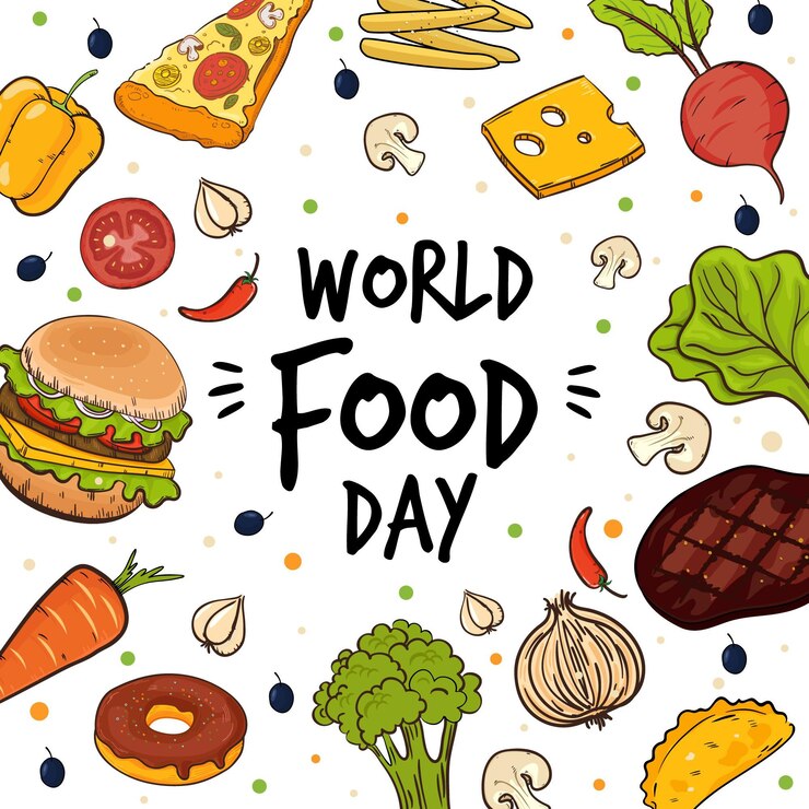 Vector gratuito letras del día mundial de la alimentación rodeadas de productos alimenticios.