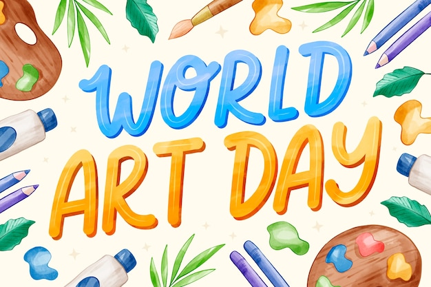 Vector gratuito letras del día mundial del arte en acuarela
