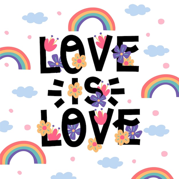 Vector gratuito letras del día del orgullo con arcoiris y flores