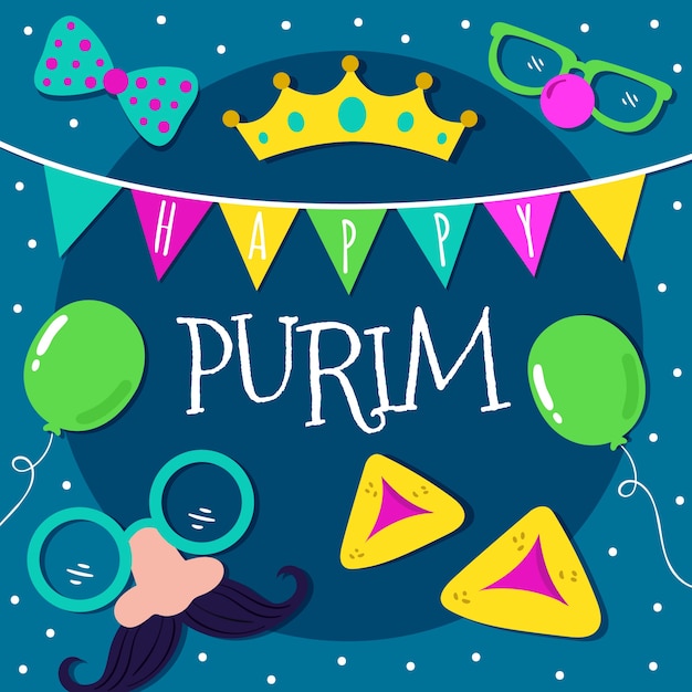 Vector gratuito letras del día de purim con elementos ilustrados
