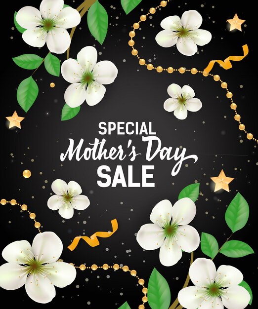 Letras especiales de venta del día de la madre con guirnaldas y flores. Publicidad de venta de dia de las madres