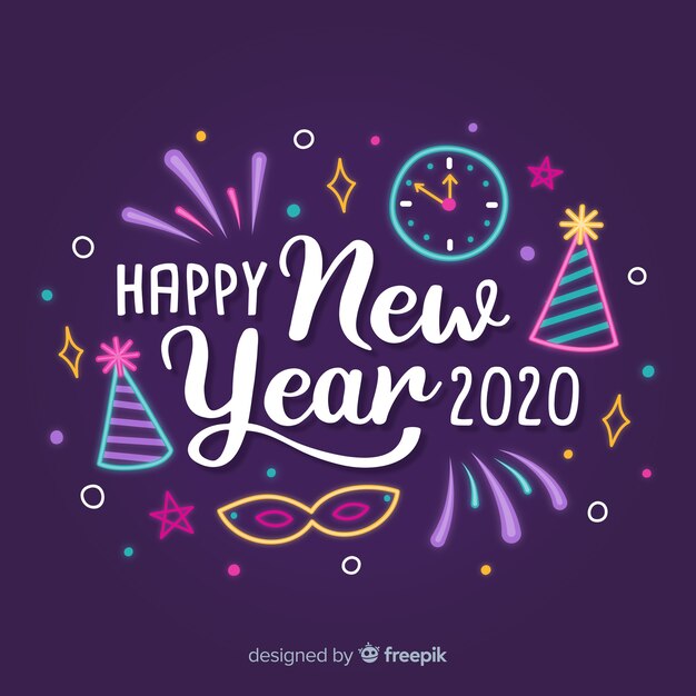 Letras feliz año nuevo 2020 con sombreros de fiesta y reloj