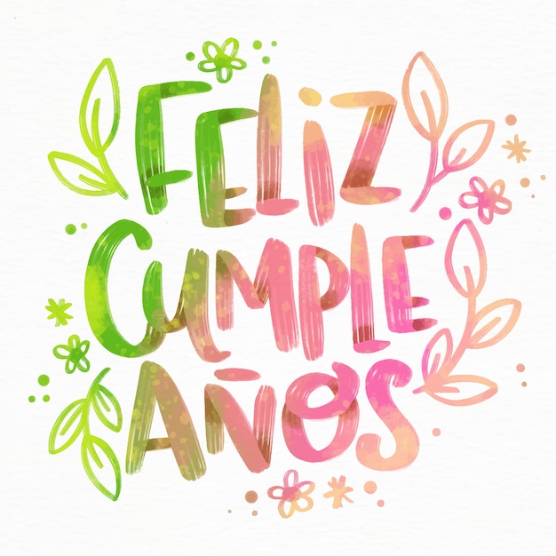 Vector gratuito letras de feliz cumpleaños con flores y hojas