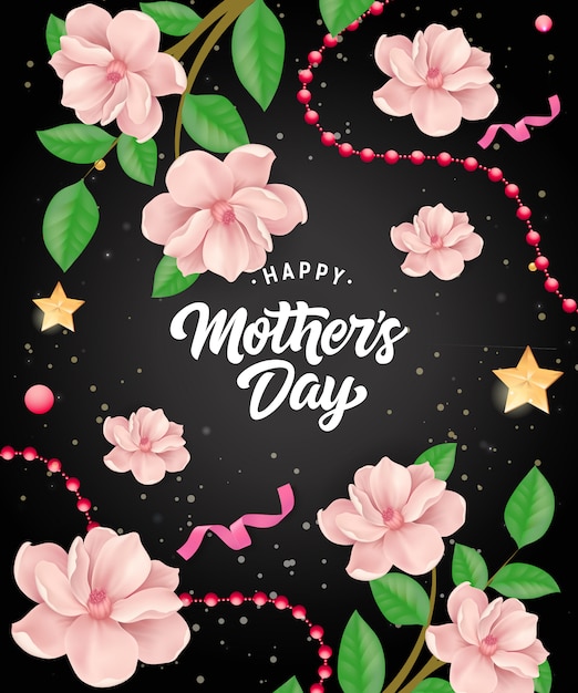 Letras de feliz día de la madre con guirnaldas y flores. Tarjeta de felicitación del día de madres