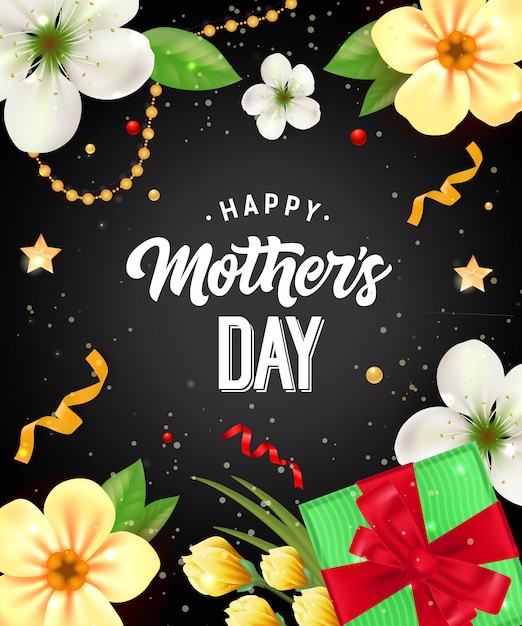 Letras de feliz día de la madre con regalos y flores. tarjeta de felicitación del día de madres
