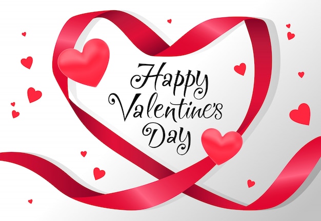 Vector gratuito letras de feliz día de san valentín en el marco de la cinta en forma de corazón rojo