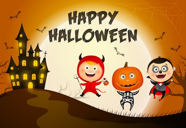 Letras de feliz Halloween, castillo y niños con disfraces de monstruos