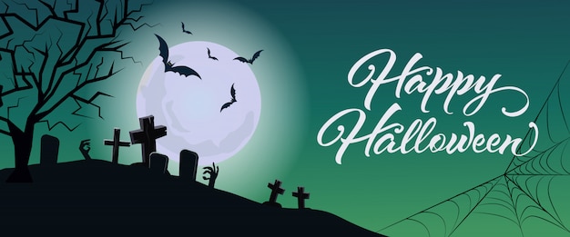 Vector gratuito letras de feliz halloween con cementerio, luna y web