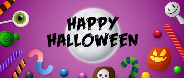 Vector gratuito letras de feliz halloween en luna con dulces y caramelos