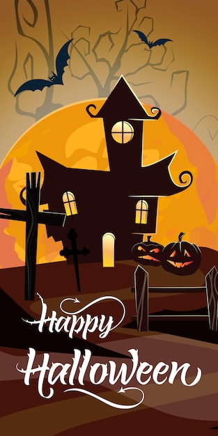 Vector gratuito letras de feliz halloween con luna naranja y castillo