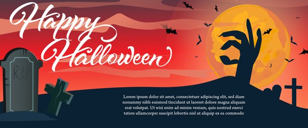 Letras de feliz Halloween con mano de lápida y zombie