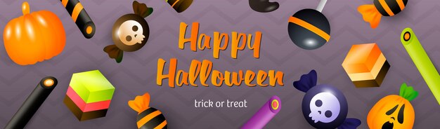 Letras de feliz Halloween con piruletas, pasteles y dulces