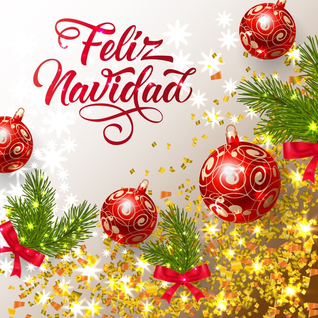 Letras de Feliz Navidad con brillantes confeti y brillantes adornos.