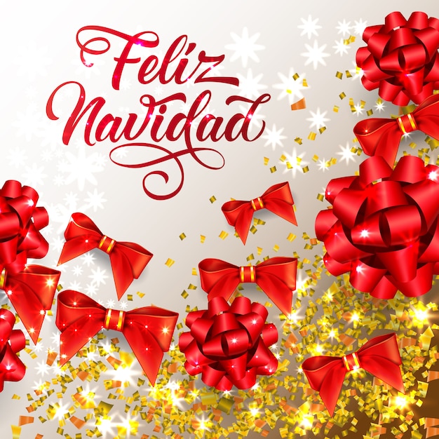 Vector gratuito letras de feliz navidad con brillantes confeti y lazos de cinta