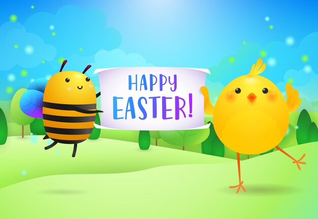 Letras de feliz Pascua en banner sostenido por abeja linda y pollito