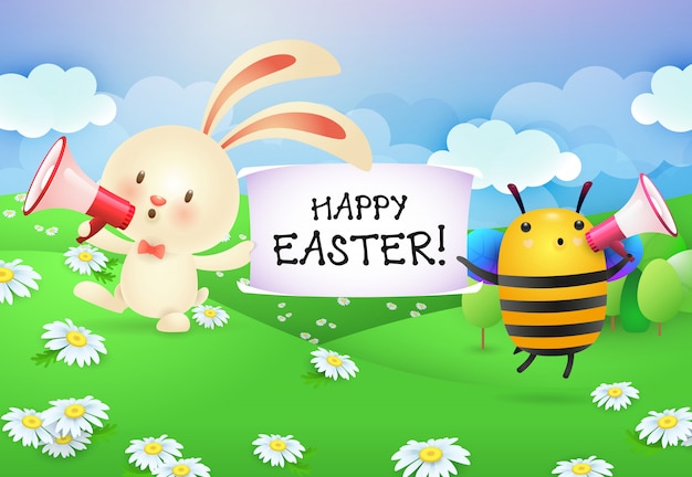 Letras de feliz pascua en banner sostenido por conejito y abeja