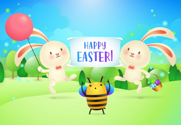 Letras de feliz Pascua en banner sostenido por dos conejitos y abejas