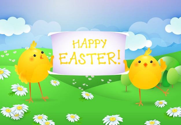 Vector gratuito letras de feliz pascua en banner sostenido por dos polluelos