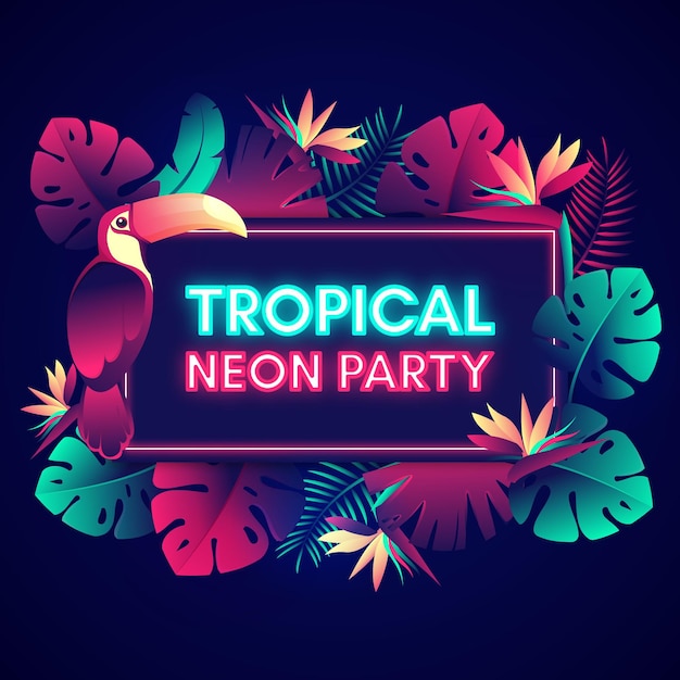 Vector gratuito letras de fiesta de neón tropical con hojas