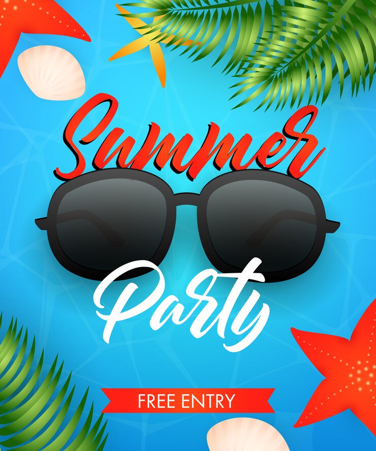 Vector gratuito letras de fiesta de verano con gafas de sol y hojas tropicales.
