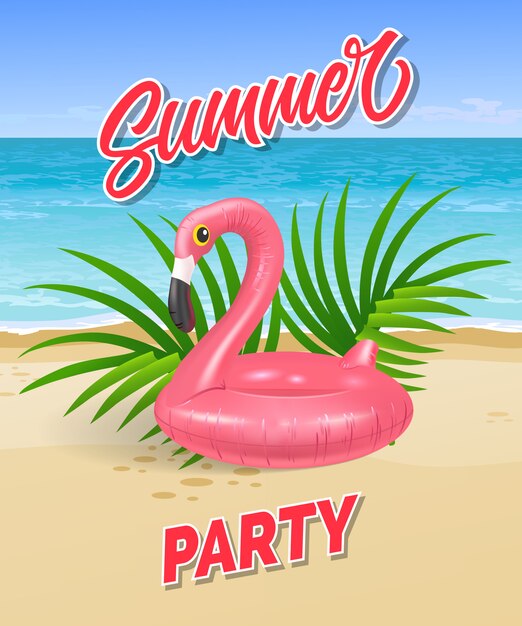 Letras de fiesta de verano con playa de mar y anillo de natación en forma de flamenco