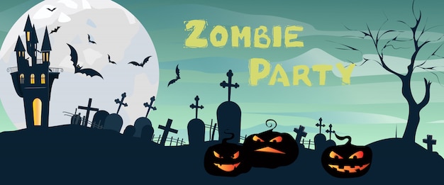 Letras de la fiesta zombie con castillo, cementerio, luna y calabazas