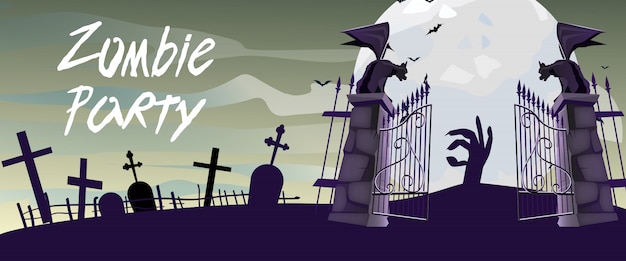 Vector gratuito letras de la fiesta zombie con puertas de cementerio, gárgolas y luna