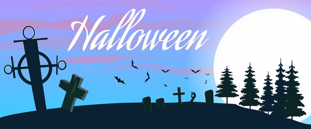 Letras de Halloween con cementerio, bosque y luna.