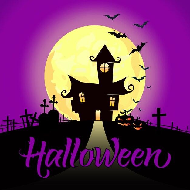 Vector gratuito letras de halloween con luna llena, castillo, calabazas y murciélagos.