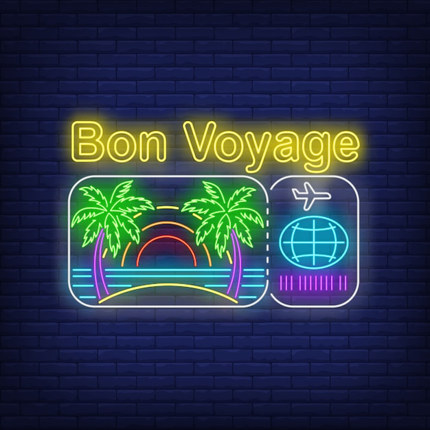 Letras de neón bon voyage con logotipo de boleto de playa y vuelo