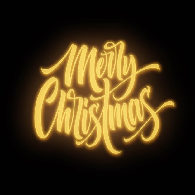Letras de neón de feliz Navidad. Signo de saludo de Navidad. Feliz Navidad luz de neón dorada aislada sobre fondo negro. Texto caligráfico de Navidad. Postal, elemento de diseño de banner. Ilustración vectorial
