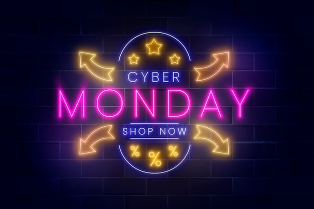 Letras de neón realista de cyber monday