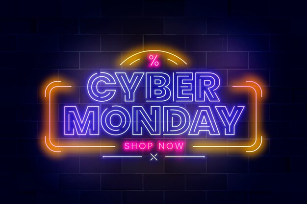 Letras de neón realista de cyber monday