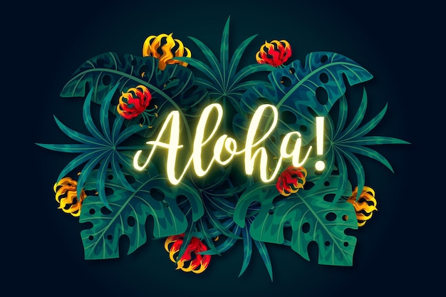 Letras de neón tropical con hojas y flores.