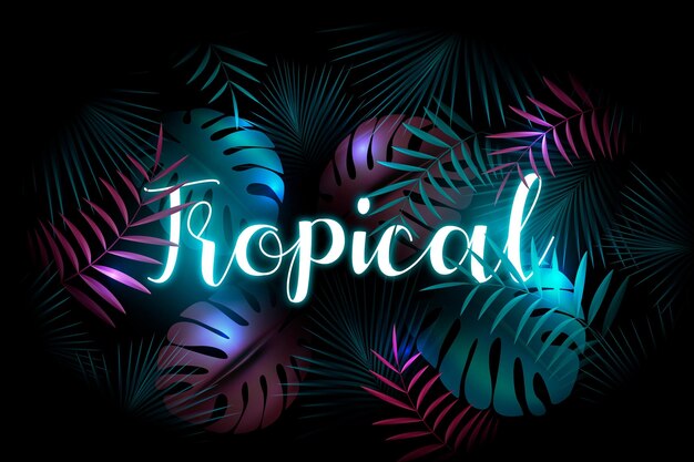 Letras de neón tropical con hojas