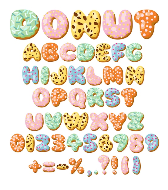 Letras y números en conjunto de ilustraciones de vectores de fuente de donut. Diseños de letras del alfabeto y números de donuts de chocolate o galletas con glaseado. Comida, postre, concepto de tipografía para panadería o cafetería.