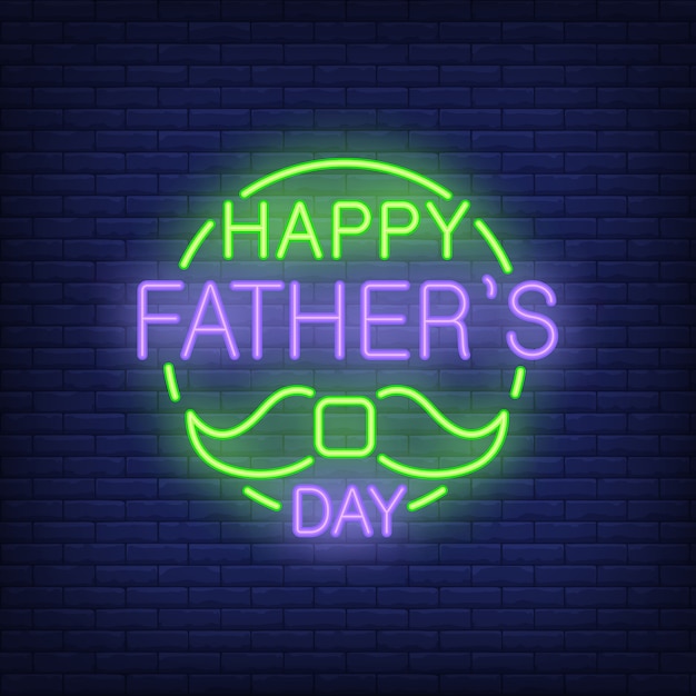 Letras de padres feliz día con bigote. Icono en estilo de neón sobre fondo de ladrillo.