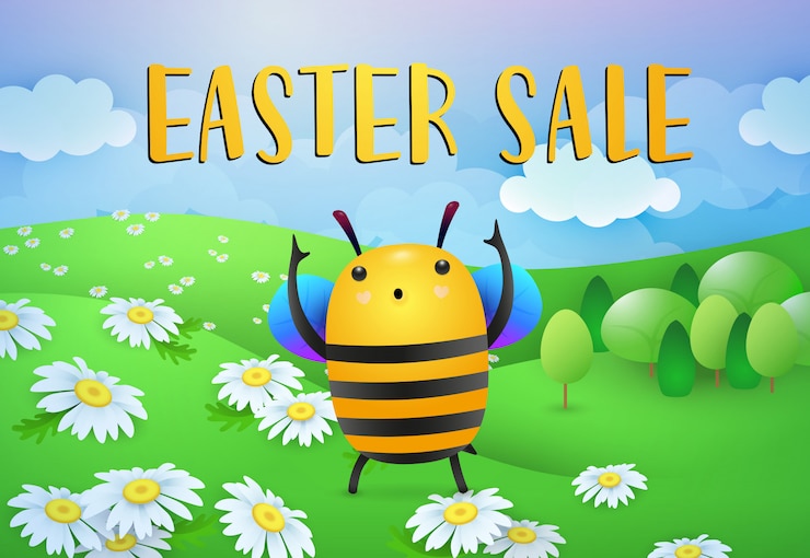 Vector gratuito letras de pascua venta con personaje de dibujos animados de abeja en césped