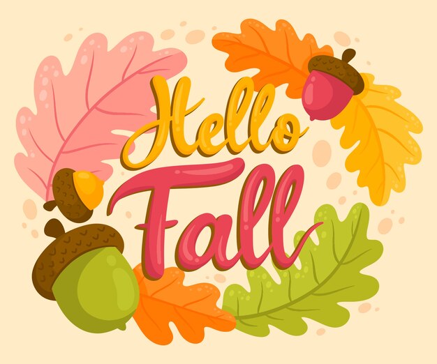 Letras planas de hola otoño con bellotas