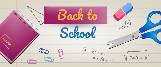 Letras de regreso a la escuela en papel rayado con borrador y tijeras.