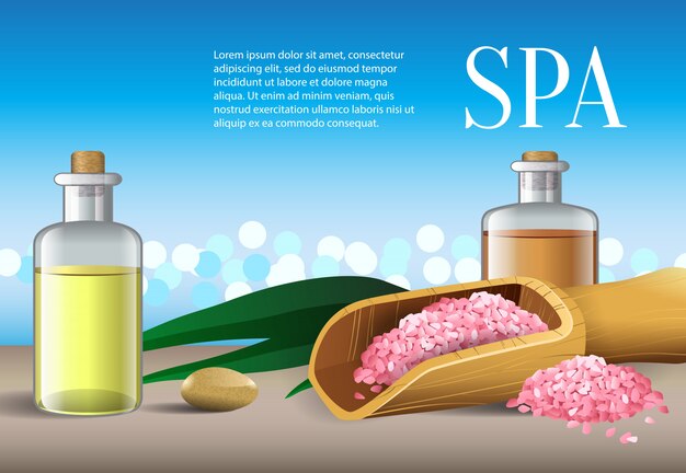 Letras de Spa, botella con aceite y sal rosa. Cartel publicitario de salón de spa