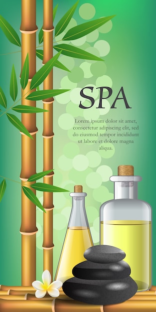 Letras de Spa, flores, bambú, botellas y piedras. Cartel publicitario de salón de spa