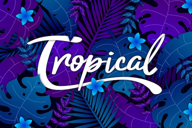 Letras tropicales con hojas y flores.